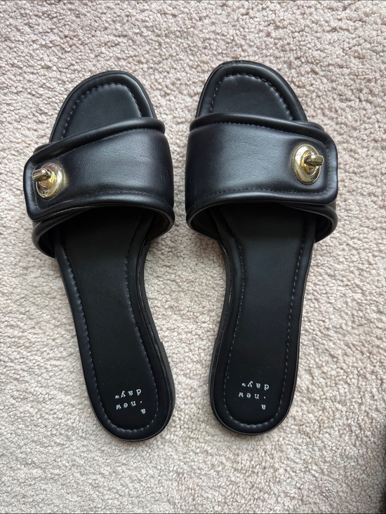 a new day Shoes - a new day Black Slide Sandals with Gold Accent